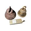 Image 1 : Cast Iron Cow Bell, Brass Village Bell & Vintage Cigarette Lighter (3 pcs)