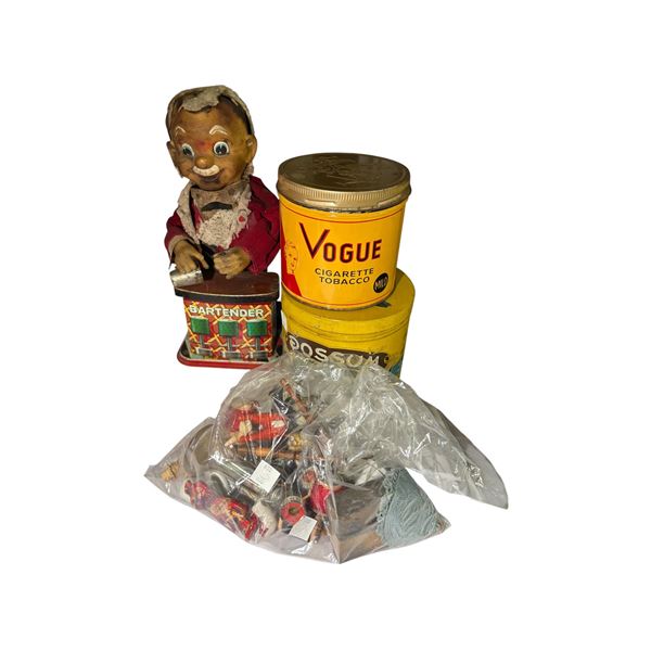 Mechanical Bartender Bank, Vintage Tobacco Tins & Bag of Miniatures (grouping)
