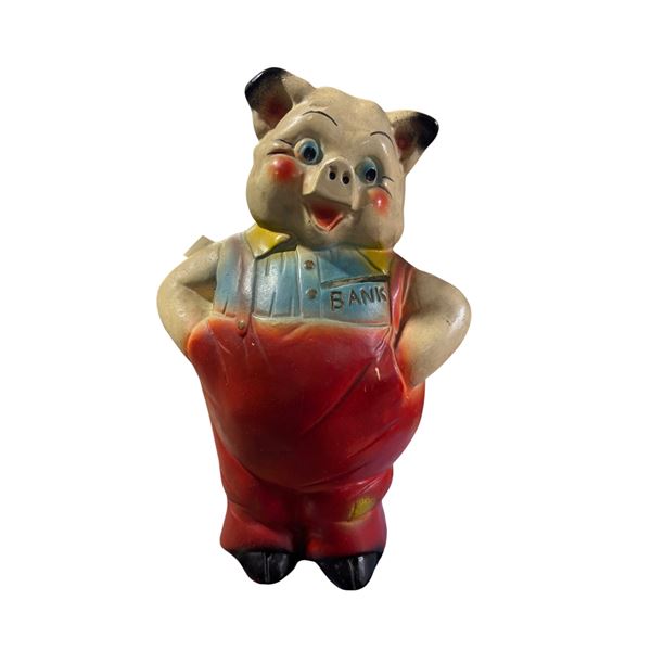 Vintage ceramic/chalkware "BANK" piggy bank figure in overalls