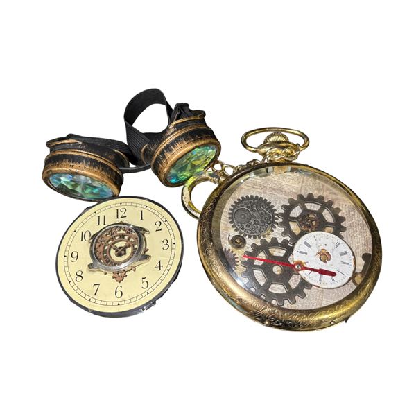 Steampunk-style goggles with faceted lenses, plus two novelty pocket-watch/gear pieces