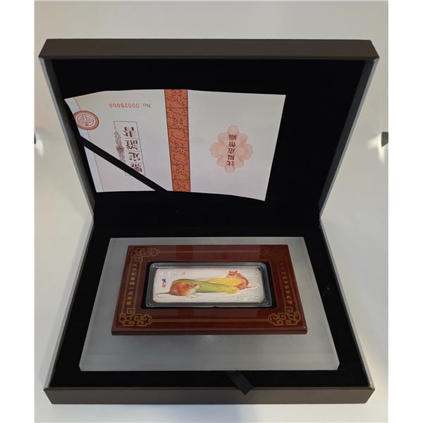 .999 Fine Silver 50 gram Collectors Bar - Colourized 2008 Year of the Rat Bar Bullion Bar in Present