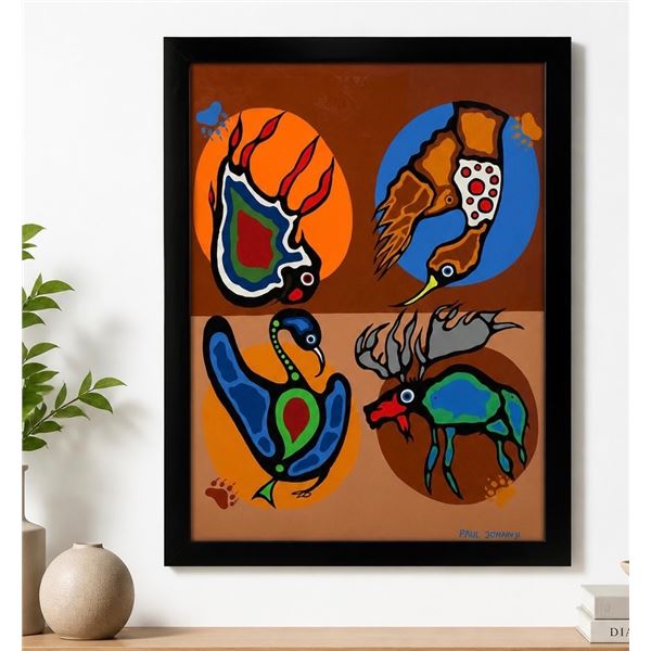 Paul Johnny, Four-Panel Woodland Style Animal Painting (Bear Paw, Eagle, Loon, Moose)