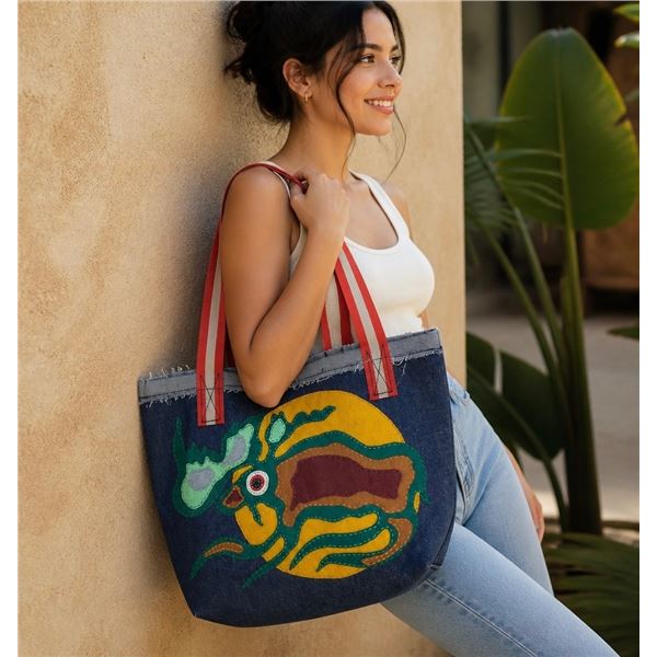 Paul Johnny, Denim Tote Bag with Felt Applique Bird/Spirit Design