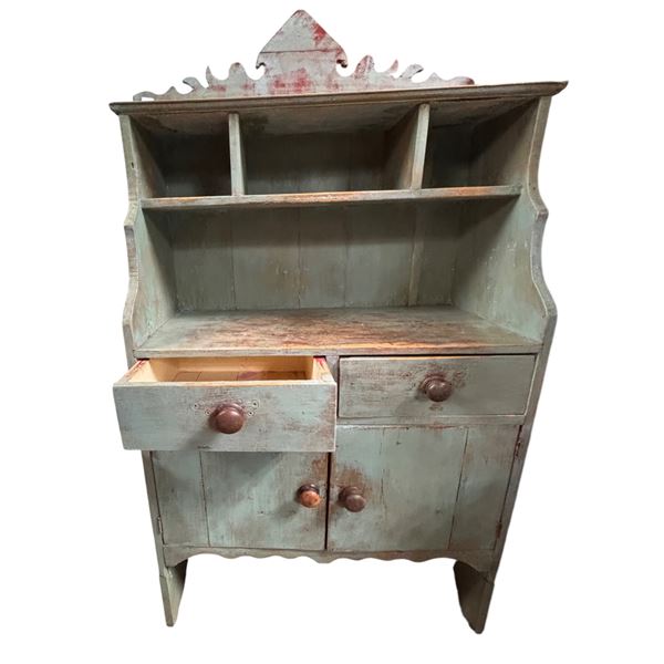 Rustic Painted Pine Cabinet/Hutch, Distressed Blue-Green Finish (34.5x16x63)