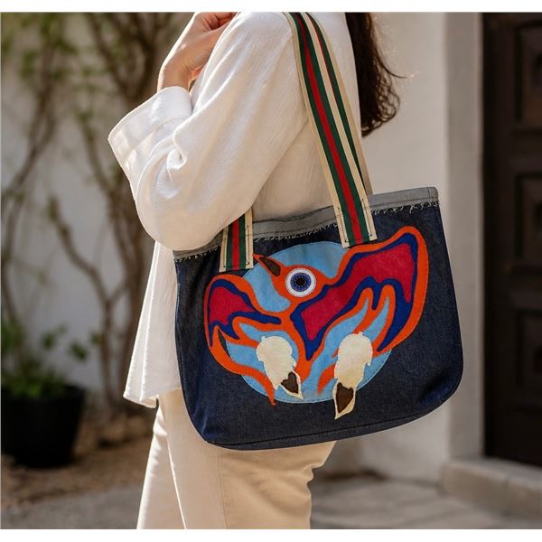 Paul Johnny, Denim Tote Bag with Felt Applique Bird Design