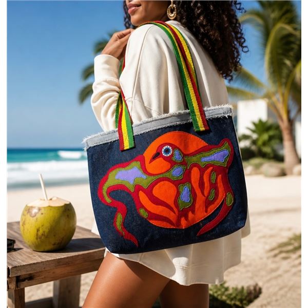 Paul Johnny, Denim Tote Bag with Abstract Bird Applique