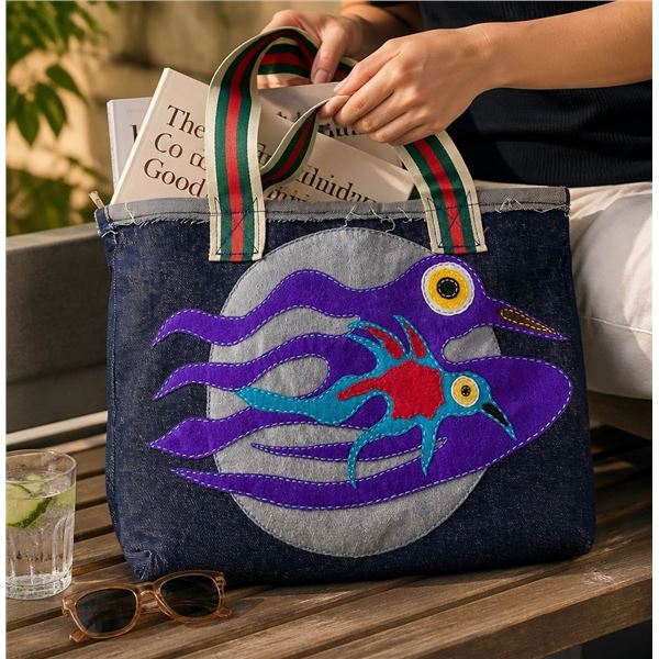Paul Johnny, Denim Tote Bag with Purple Abstract Bird Applique