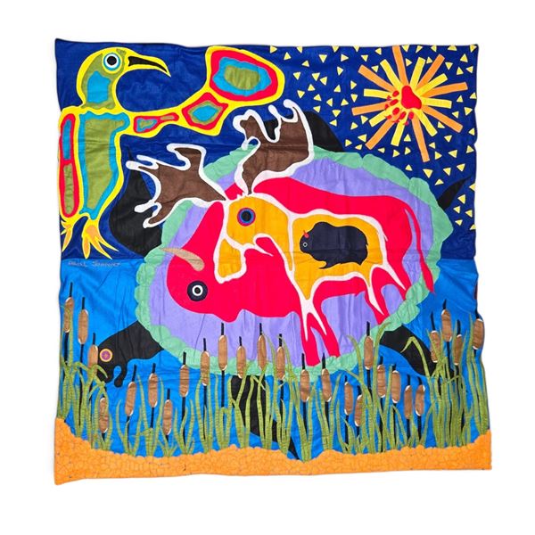 Paul Johnny, Blue Felt Applique Wall Hanging with Abstract Animals and Sun Motifs