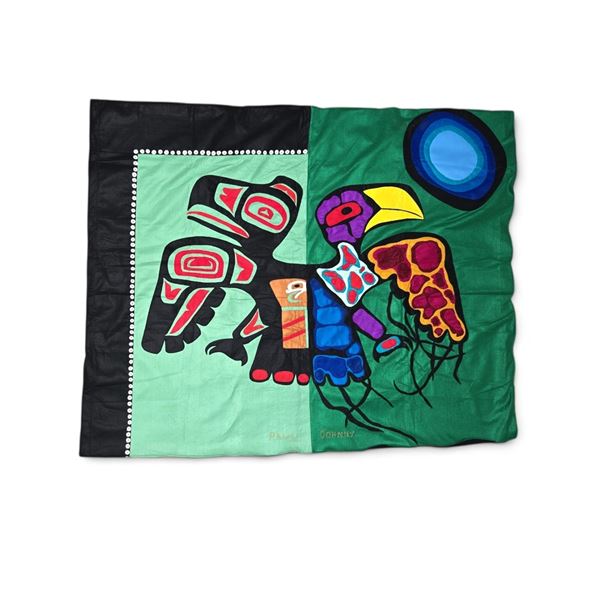 Paul Johnny, Green Felt Applique Wall Hanging with Abstract Figures