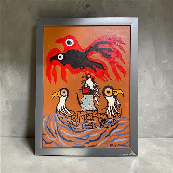 Paul Johnny, Framed Orange Artwork with Abstract Bird and Sun Motifs
