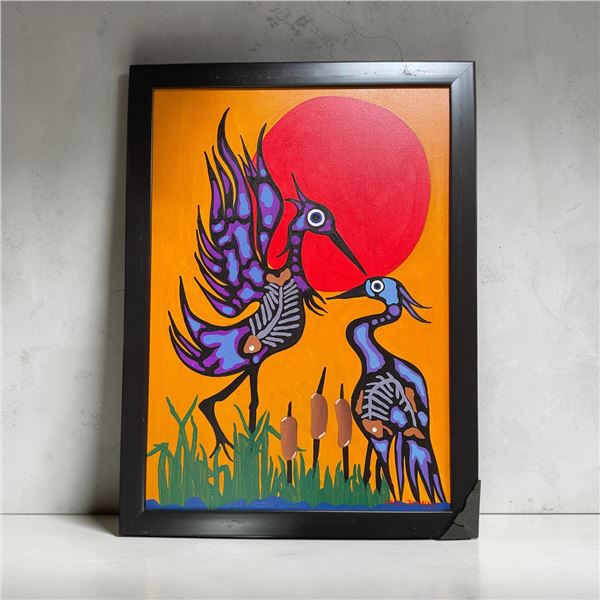 Paul Johnny, Framed Orange Artwork with Abstract Blue Bird and Sun