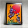 Image 1 : Paul Johnny, Framed Orange Artwork with Abstract Blue Bird and Sun