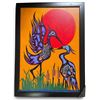 Image 2 : Paul Johnny, Framed Orange Artwork with Abstract Blue Bird and Sun