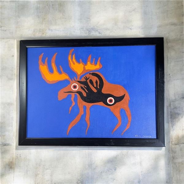 Paul Johnny, Framed Blue Artwork with Abstract Orange Animal Figure