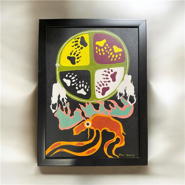 Paul Johnny, Framed Black Artwork with Medicine Wheel and Abstract Animal Figure