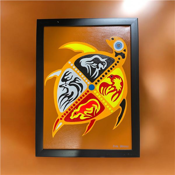 Paul Johnny, Framed Orange Artwork with Turtle and Medicine Wheel Motifs