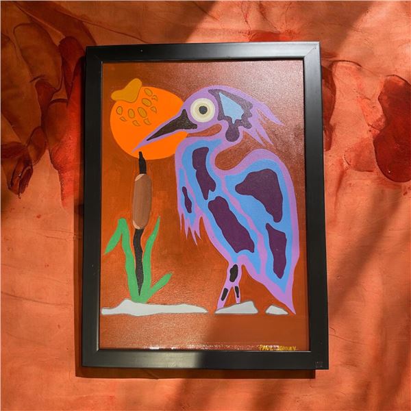 Paul Johnny, Framed Orange Artwork with Abstract Bird Figure