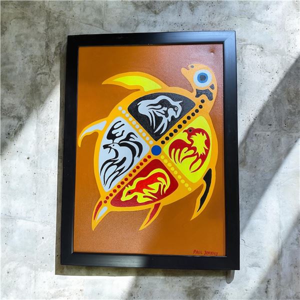 Paul Johnny, Framed Yellow Artwork with Abstract Bird Figure