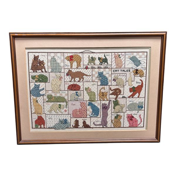 Vintage Cat Tales Cross-Stitch Needlework, Framed
