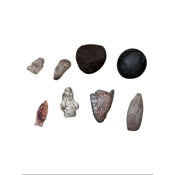 8-Pcs Native Stone Collection Includes Arrow & Axe Heads, Knife-Shaped Tools, and Game Ball