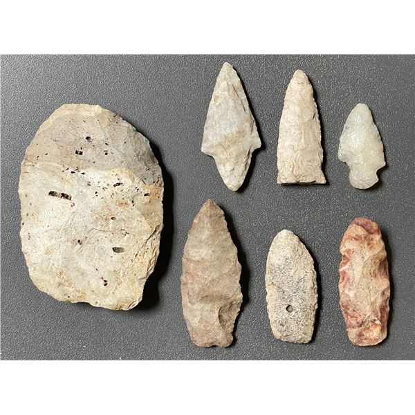 7-Pcs Native Stone Collection Includes Arrow & Axe Heads and Knife-Shaped Tools