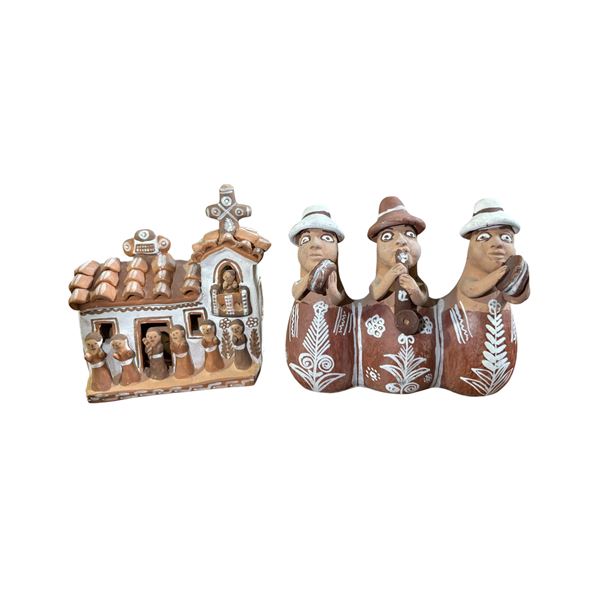Peruvian Folk Art Pottery Grouping: Musicians Figurine & Nativity Scene House