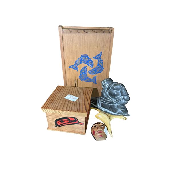 Northwest Coast Indigenous Art Grouping: Bentwood Boxes, Soapstone Carving & Miniature Mask