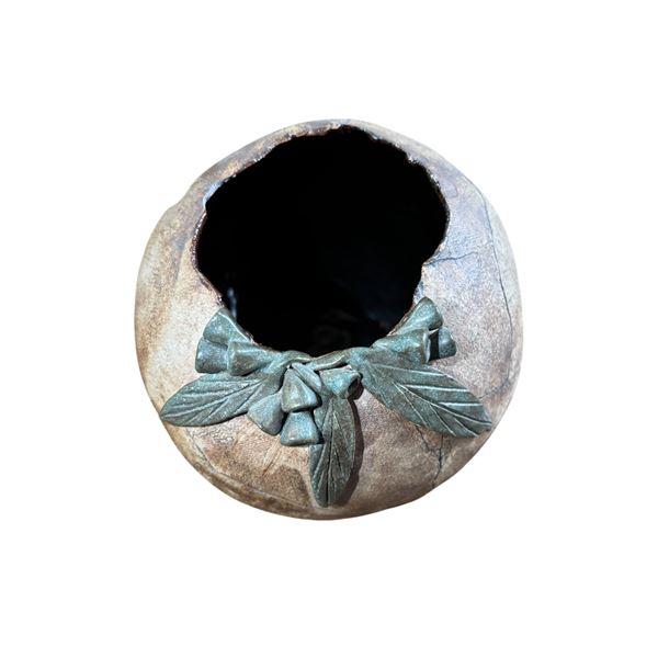 Carved Coconut/Gourd Vessel with Metal Leaf Accent