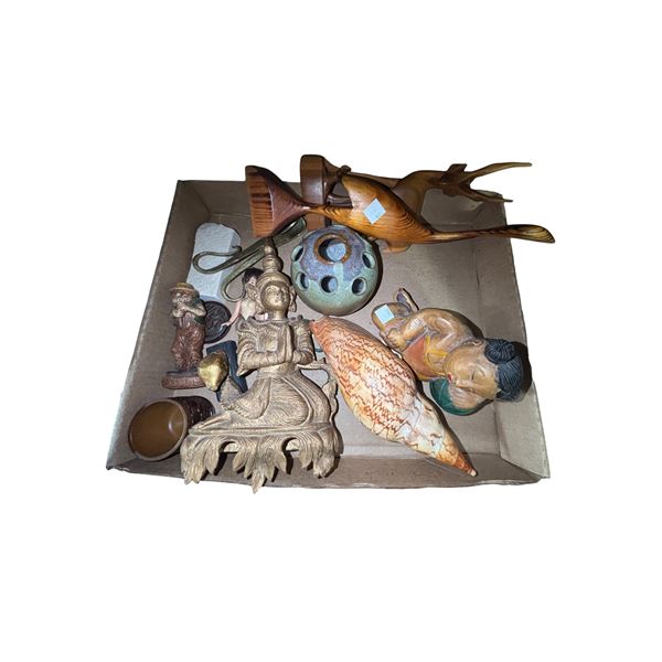 Assorted Sculptures, Wooden Carvings, Shell, and More