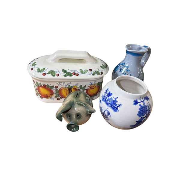 Group of 4 Ceramic Baking Dish, Jar, Decor Pieces