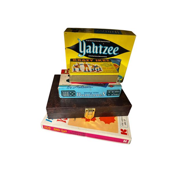 Mixed Game Lot - Yahtzee, Krazy Ikes, Double Nine Dominos, and More