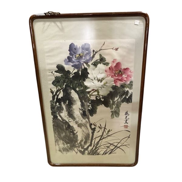 Framed Chinese Watercolor Painting - Peonies with Rockwork and Grasses