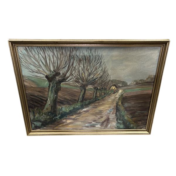 Framed Oil Painting - Pollarded Willow Trees Along a Country Lane, Gilt Frame