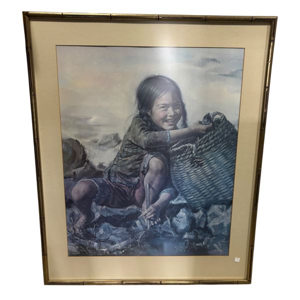 Ng Kee Fung "Smiling Girl with Basket", Signed, Limited Edition Art Print, Framed