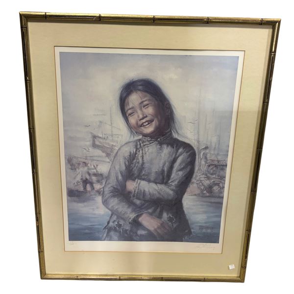 Ng Kee Fung "Smiling Girl by the Harbor", Signed, Limited Edition Art Print, Framed