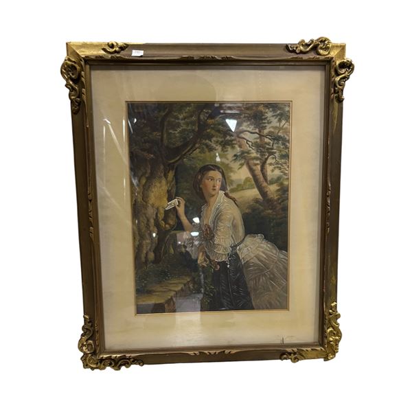 Antique Print - Romantic Portrait of a Woman in Woodland Setting, Ornate Gilt Frame