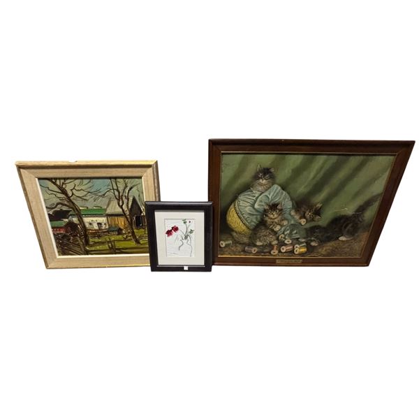 3 Assorted Framed Artworks: Oil Paintings of Rural Landscape & Kittens with Thread Spools, plus Flor