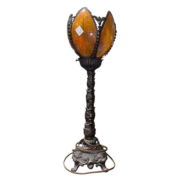 Amber Slag Glass Lily-Form Lamp on Cast Metal Stand