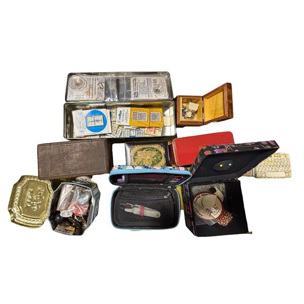 Collection of Vintage Decorative Storage Tins, Trinket Boxes, Tools & Sewing Items