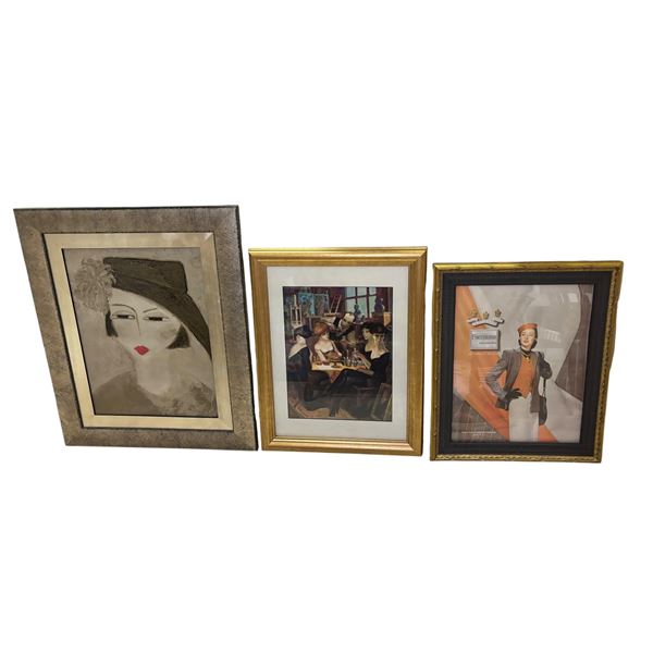 Assorted Framed Art Print Lot: Stylized Woman with Hat, Interior Cafe Scene Print, and Forstmann Adv