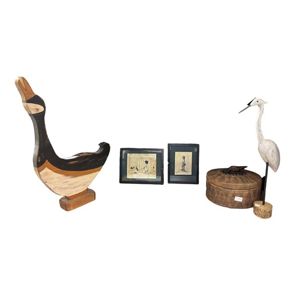 Decor Group - Woven Basket, Wooden Bird Sculptures (H19" & 22"), Framed Pictures