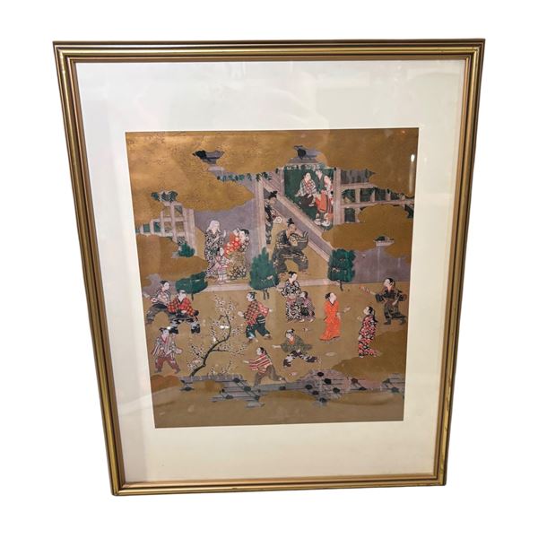 Japanese New Year Scence Reproduction, Attributed to Tosa Mitsuyoshi, Framed 16" x 13"