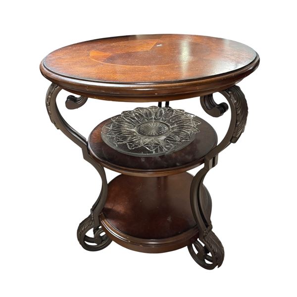 Round Wooden Side Table with Scrolled Base and Casters (22x26)