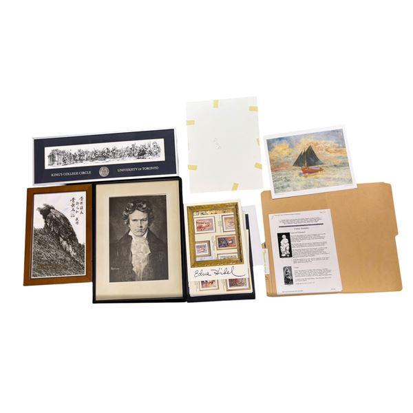 Assorted Art & Ephemera Lot: Beethoven Portrait, Edna Hibel Signed Artwork & King's College Print