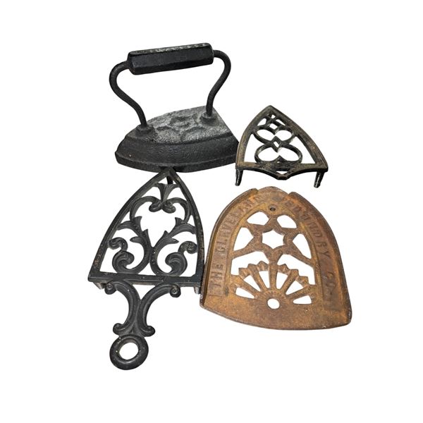 Cast Iron Sad Iron and Iron Trivets (Set of 4)