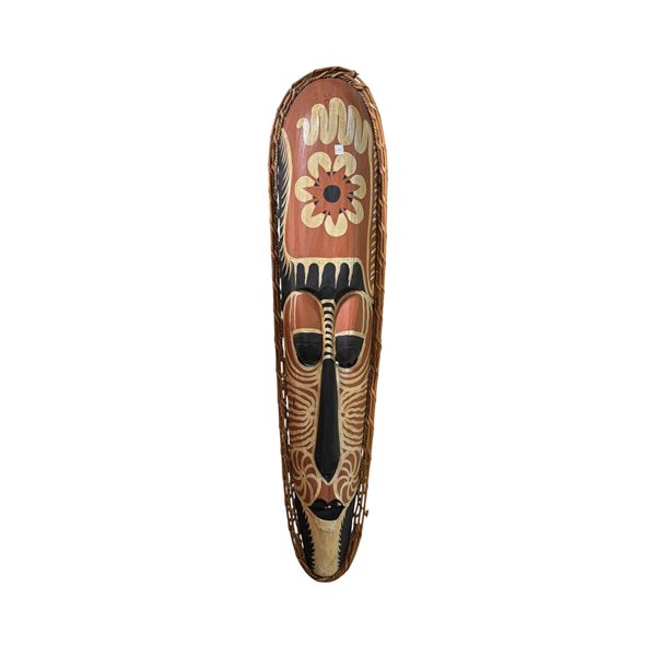 Hand-Painted Tribal-Style Wooden Mask with Woven Rattan Border