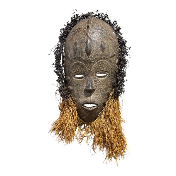 African Carved Wood Mask with Raffia Beard and Wire Hair Detail