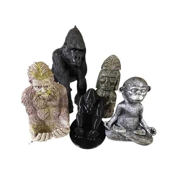 Assorted Primate Figurines: Sasquatch, Gorillas, and Meditating Monkey