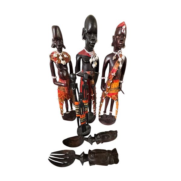 Carved African Maasai Figurines with Beadwork and Ebony Comb Sculptures