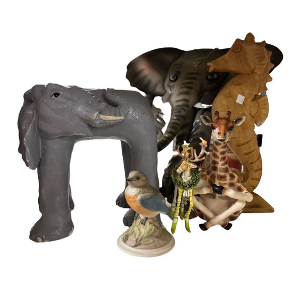 Assorted Animal Figurines: Elephants, Giraffe, Seahorse, Bluebird & Ornaments
